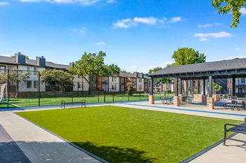 A sunny day at the park with a blue sky and a green lawn.